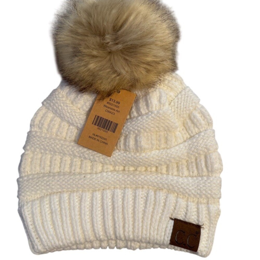 C.C. Beanie Hat Womens One Size Ivory Knit Faux Fur Pom Pom Winter Cap